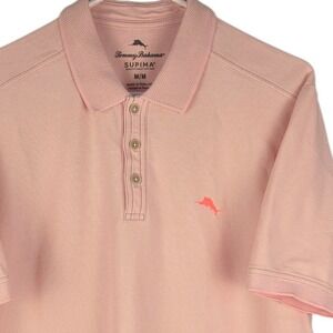Tommy Bahama Mens Medium Pink Coral Supima Polo Shirt Cotton Blend Golf Casual‎